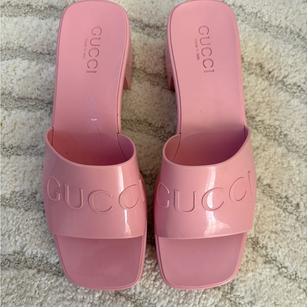 Gucci Pink Mules with Embossed Logo Size 8